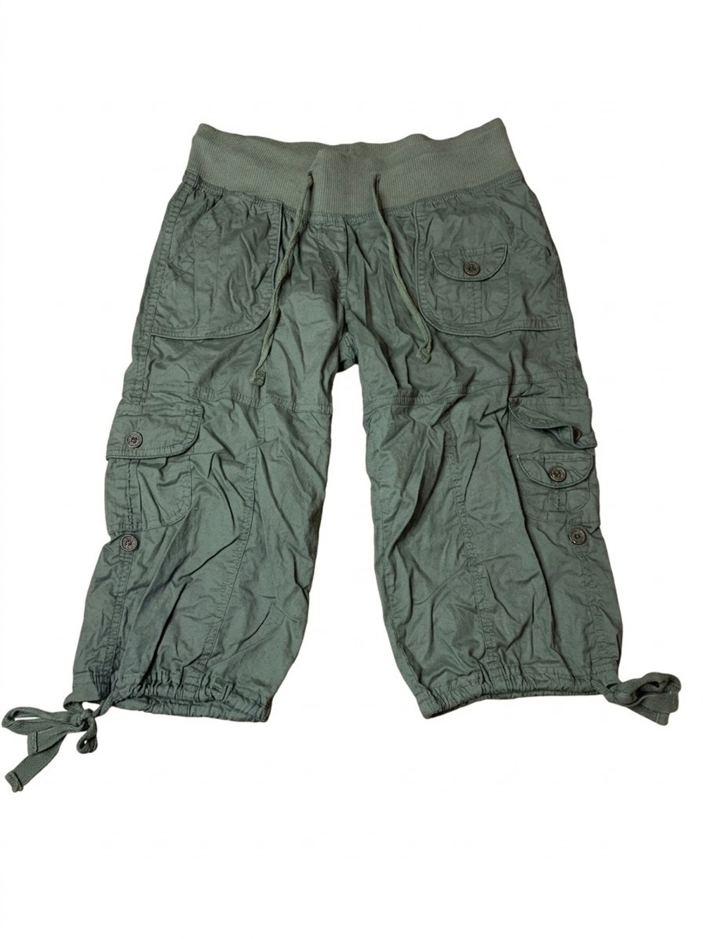 Majora Olive Green Stretch Cargo Capri Pants Medium Drawstring Tie Hem